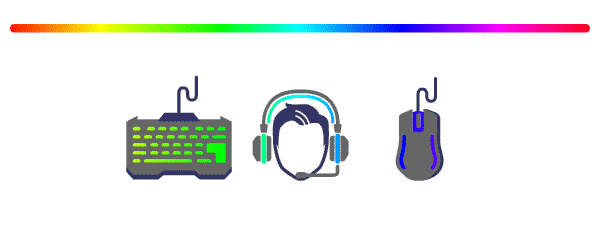 Animated demonstration of the lighting algorithm: a full-spectrum RGB bar flows across the top, while a gaming keyboard, headset and mouse below it cycle through matching colours.
