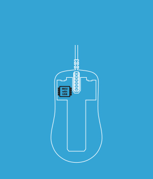 Diagram of the wired solution: a mouse seen from above with its USB cable routed out of the top, and a single chip labelled MCU with USB inside the shell.